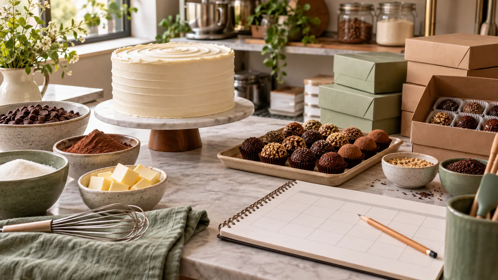 Bolo, brigadeiros e caderno de planejamento sobre a bancada de uma confeitaria
