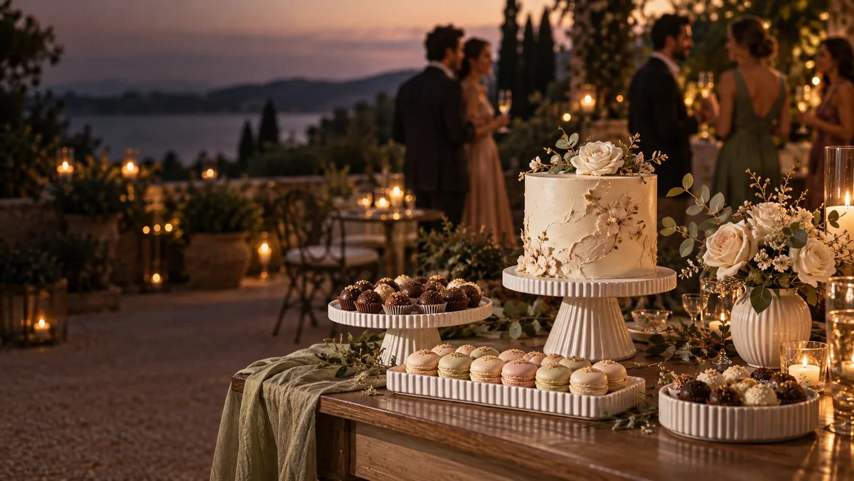 Cena ilustrativa de festa com bolo, doces finos, peças decorativas e convidados ao fundo