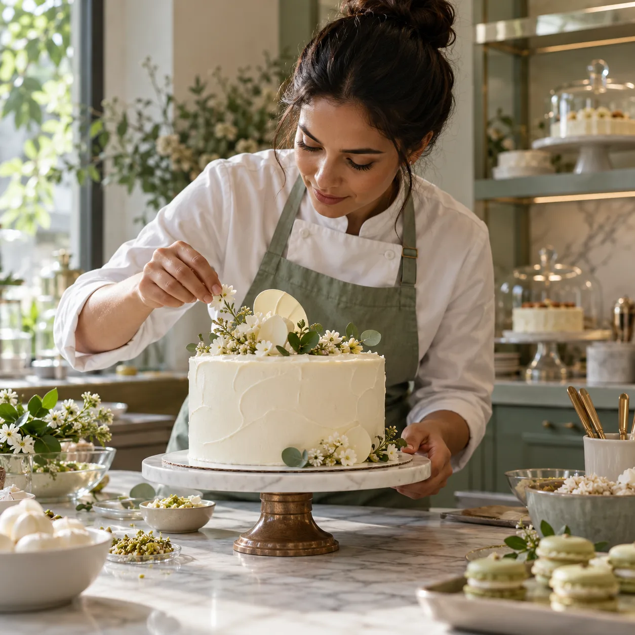 Confeiteira decorando um bolo em uma cozinha, imagem ilustrativa