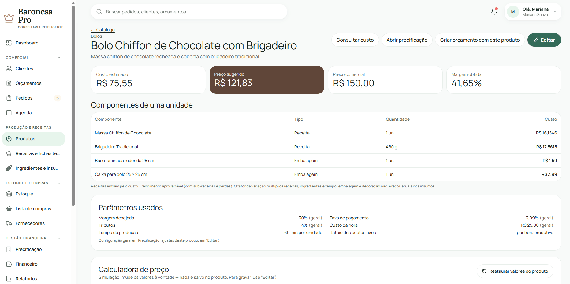 Tela oficial do Baronesa Pro com composição de custos e preços de um produto de demonstração
