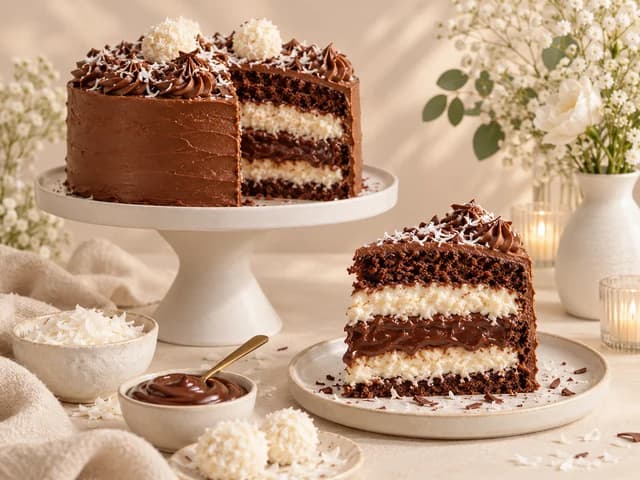 Bolo Prestígio com camadas de recheio de coco e chocolate, imagem ilustrativa