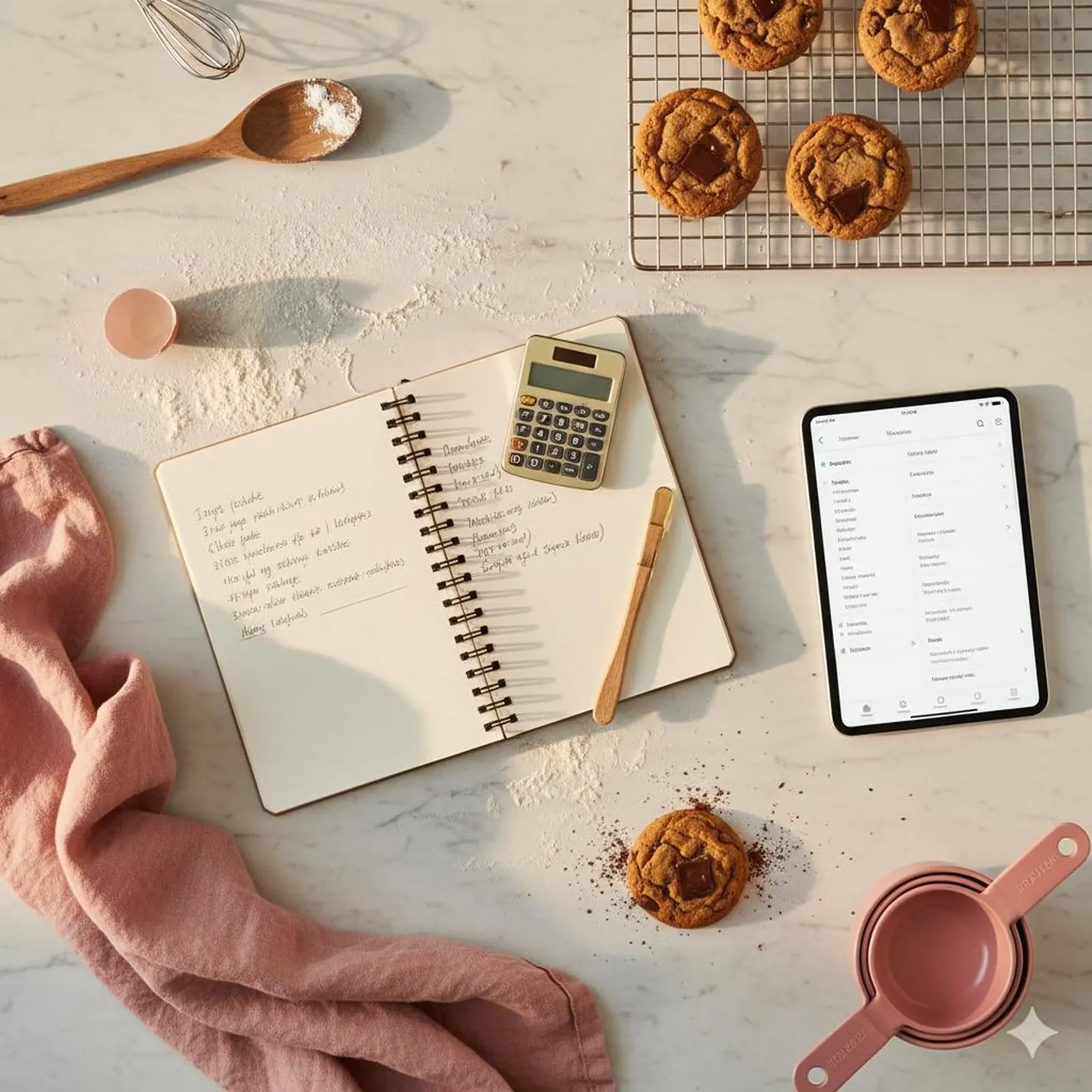 Bancada ilustrativa de confeitaria com doces, calculadora e caderno de controle financeiro