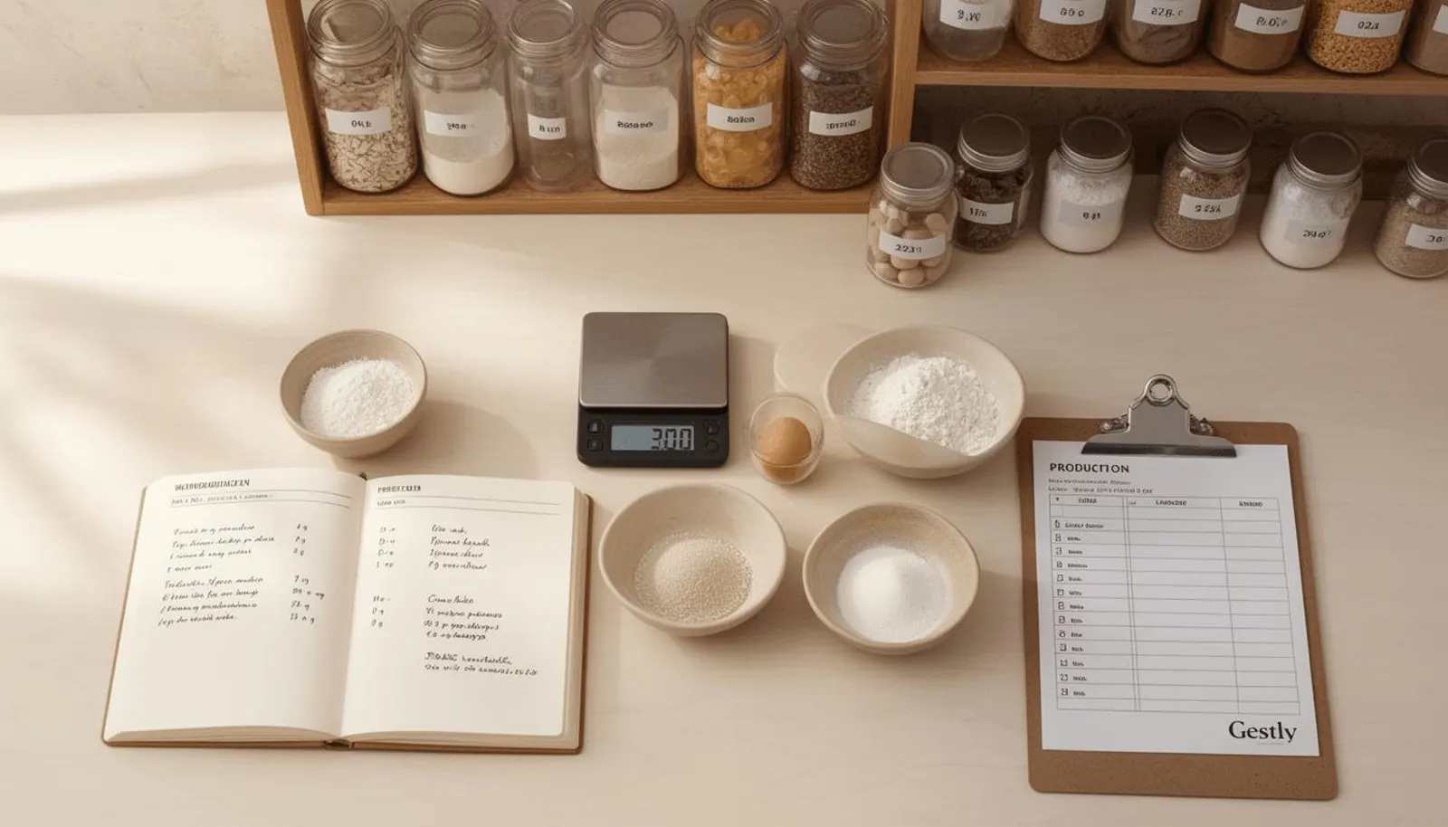 Bancada ilustrativa de confeitaria com balança, ingredientes, caderno de receitas e prancheta