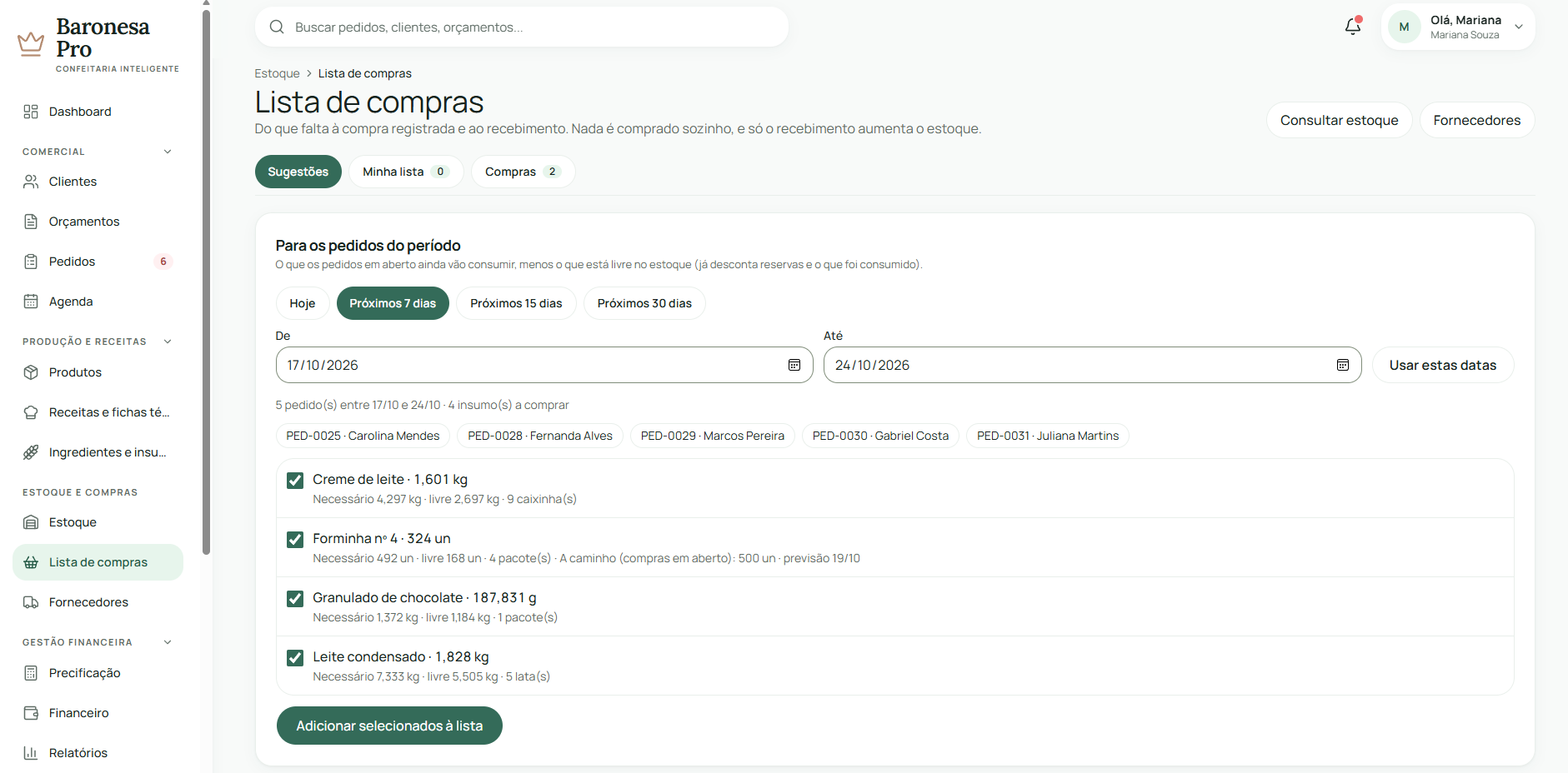 Lista de compras com necessidades de insumos para os pedidos do período