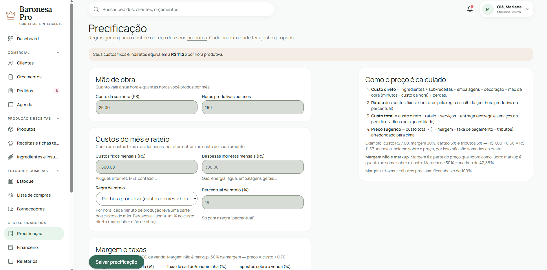 Tela oficial de precificação do Baronesa Pro