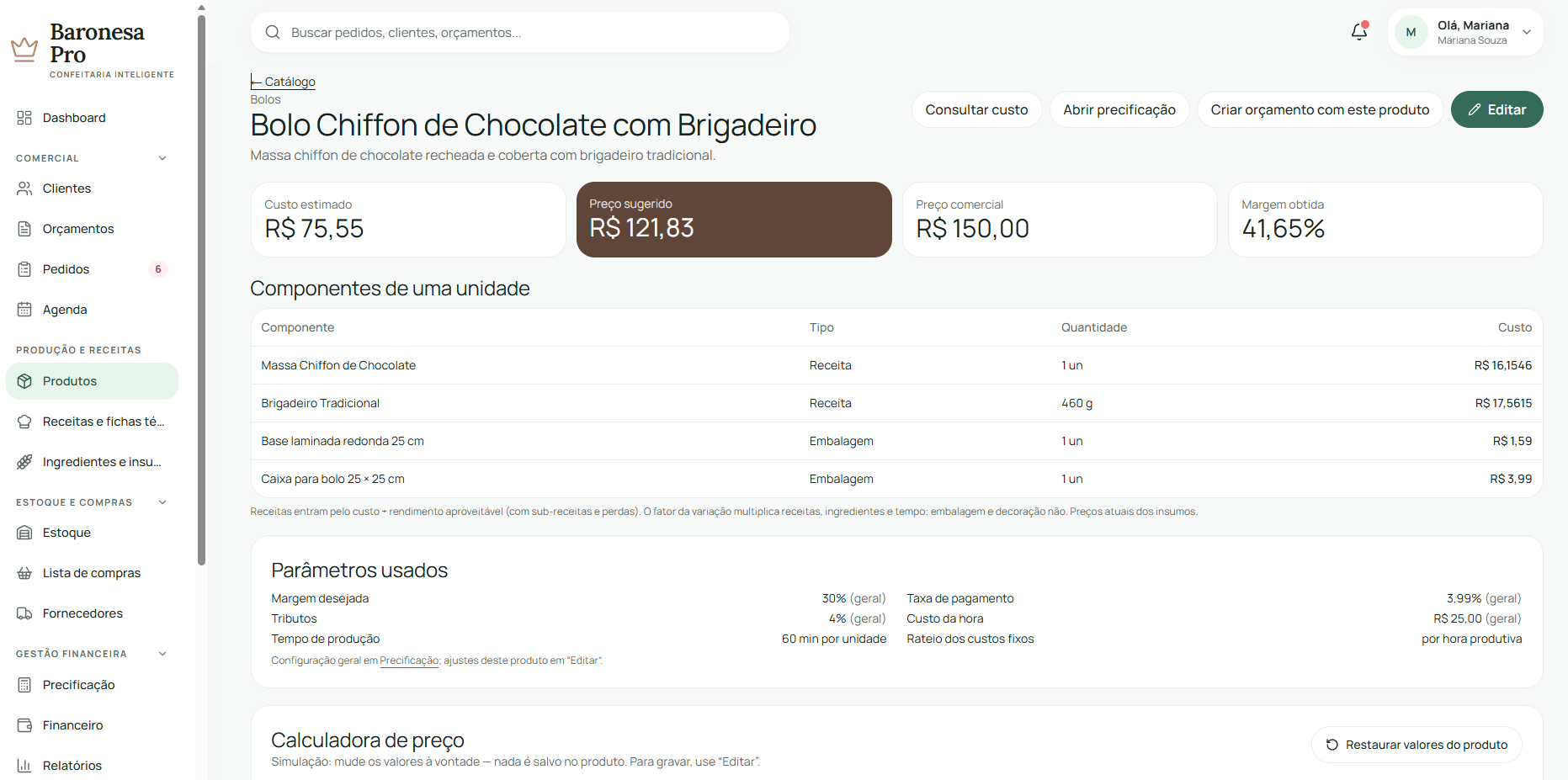 Tela interna do produto mostrando custo estimado, preços, margem, componentes e parâmetros usados no cálculo