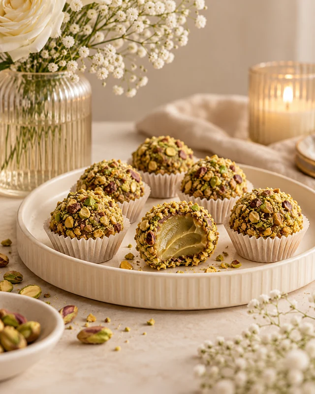 Brigadeiros de pistache com cobertura crocante; imagem ilustrativa