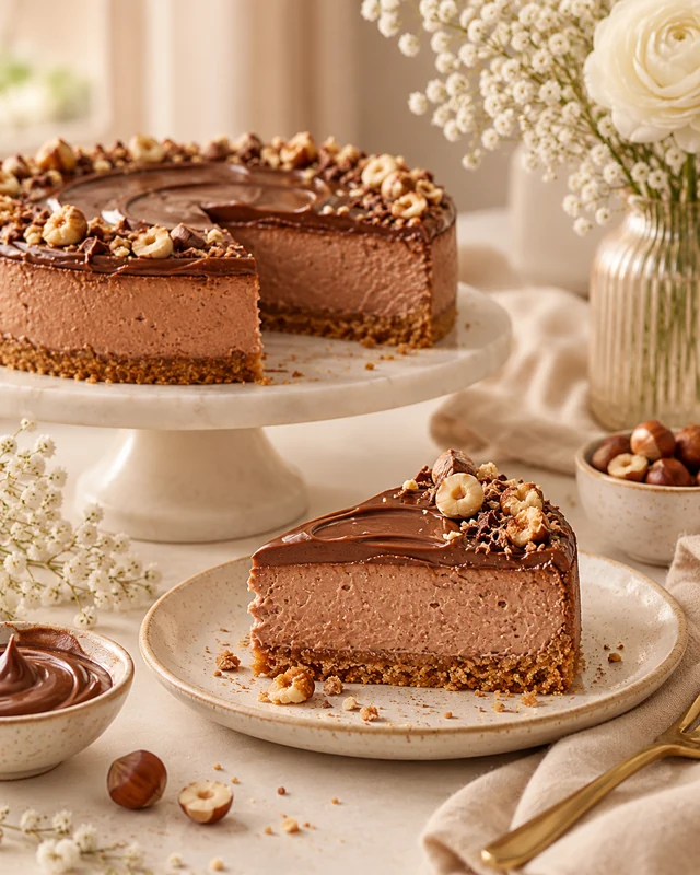 Cheesecake de Nutella com fatia e avelãs; imagem ilustrativa