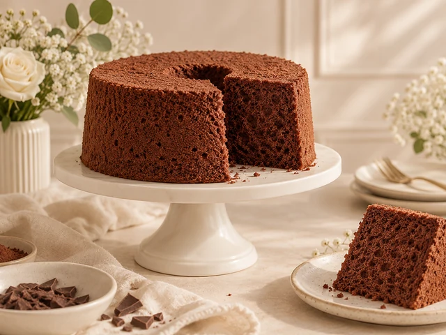Massa de bolo chiffon de chocolate com uma fatia cortada; imagem ilustrativa