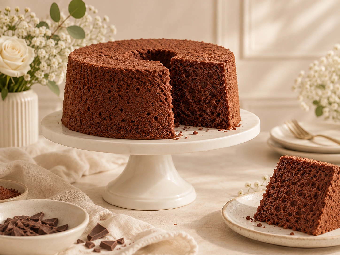 Massa de bolo chiffon de chocolate com uma fatia cortada; imagem ilustrativa